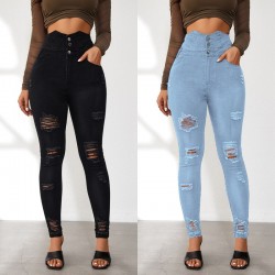 New European and American Cross Border Super High Waisted Ripped Jeans Tight Leg Slimming Skinny Pants for Women