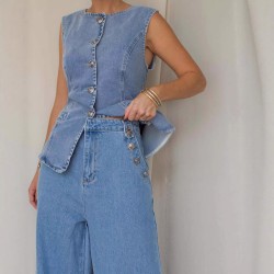  fashionable washed sleeveless vest and trousers set high waisted slimming wide leg denim trousers for women.