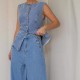  fashionable washed sleeveless vest and trousers set high waisted slimming wide leg denim trousers for women.
