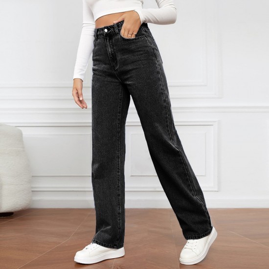 New cross border European and American high waisted washed women's jeans Amazon's fashionable and versatile long straight leg pants.