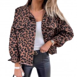 New European and American spring and autumn denim jackets leopard print long sleeved short loose fitting casual jackets for women now in stock.