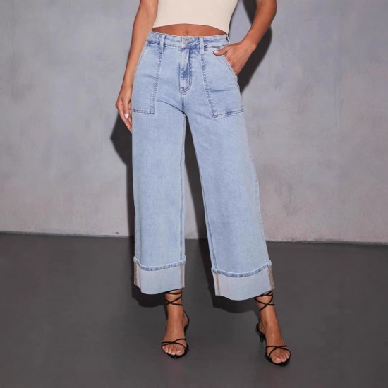 New Stretch Trousers Washed High Waisted Jeans Fashionable Casual and Versatile Wide Leg Jeans for Women