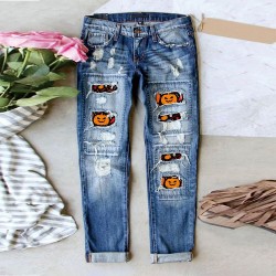 Amazon AliExpress Hot Selling European and American Women's Jeans Ripped Printed Patch Mid Rise Straight Leg Pants In Stock