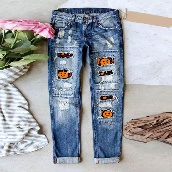 Amazon AliExpress Hot Selling European and American Women's Jeans Ripped Printed Patch Mid Rise Straight Leg Pants In Stock