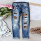 Amazon AliExpress Hot Selling European and American Women's Jeans Ripped Printed Patch Mid Rise Straight Leg Pants In Stock