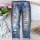 Amazon AliExpress Hot Selling European and American Women's Jeans Ripped Printed Patch Mid Rise Straight Leg Pants In Stock