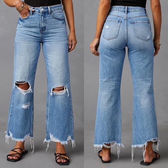 Cross border new wide leg pants tasseled washed tie dyed ripped high waisted jeans straight leg casual trousers for women.