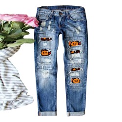 European and American cross border AliExpress trendy Halloween pumpkin ripped print jeans for women mid rise straight leg pants