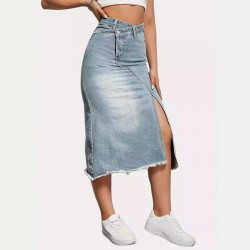New Spring/Summer New Cross Border American Retro Denim Skirt for Women Fashionable Slit Spliced ​​Midi A Line Skirt