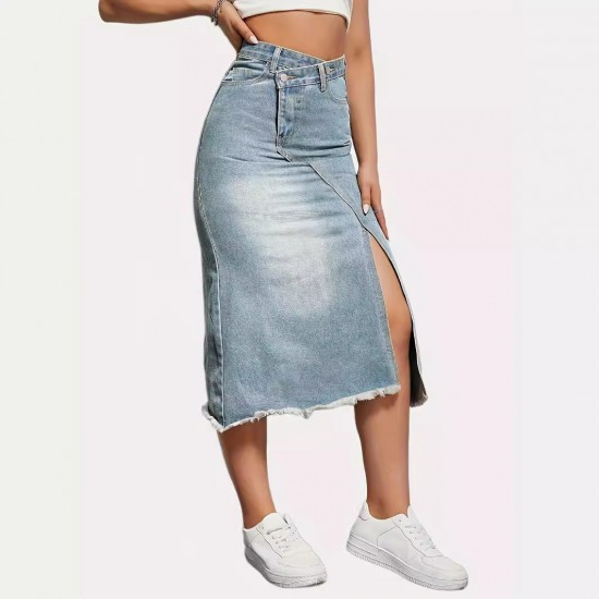 New Spring/Summer New Cross Border American Retro Denim Skirt for Women Fashionable Slit Spliced ​​Midi A Line Skirt