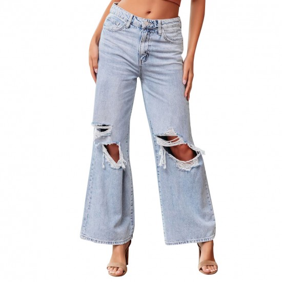 European and American Knee Ripped Jeans for Women High Waisted Long Wide Leg Light Washed Casual Pants