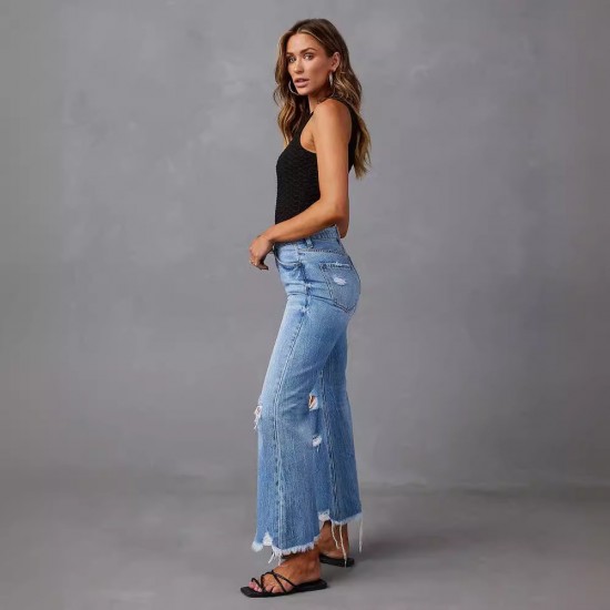 Cross border new wide leg pants tasseled washed tie dyed ripped high waisted jeans straight leg casual trousers for women.