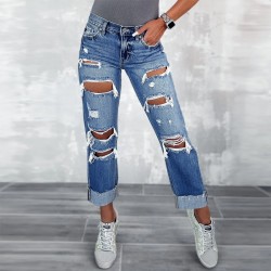 Factory direct sales new cross border women's ripped jeans with pockets slimming European straight leg pants
