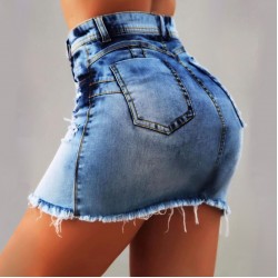 High waistedsummer new cross border zippered denim miniskirt for women stretch fitting ripped hip skirt