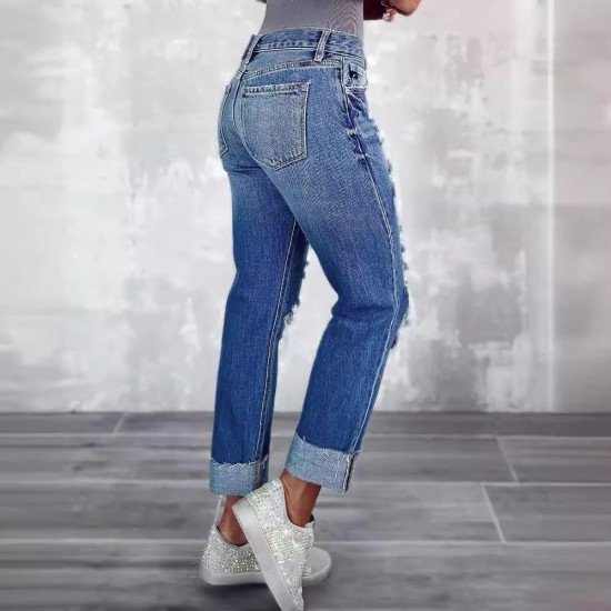 Factory direct sales new cross border women's ripped jeans with pockets slimming European straight leg pants