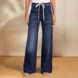 Foreign Trade Wholesale European and American Women'sSpring New Lace Up Stretch Jeans Straight Leg Elegant Wide Leg Pants