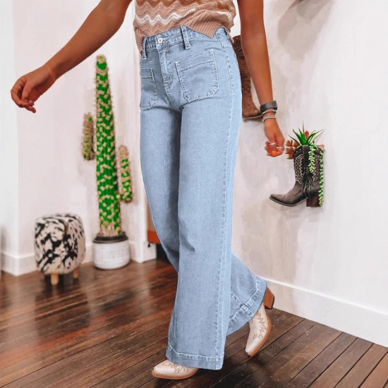European and American Cross Border Amazon SpringNew Dark Blue High Waisted Wide Leg Jeans for Women Fashionable Retro Straight Leg Pants