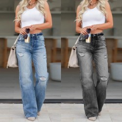 New European and American Amazon Cross Border Loose Versatile and Comfortable Women's high waisted straight leg ripped jeans