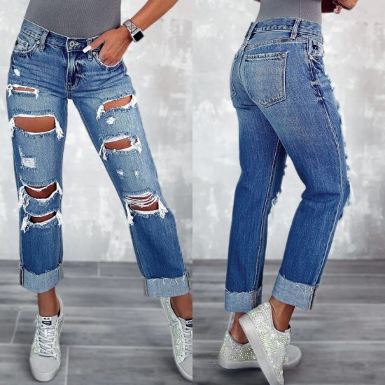 Factory direct sales new cross border women's ripped jeans with pockets slimming European straight leg pants