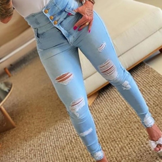 Spring/Autumn New High Waisted Slimming Denim Pants for Women Amazon Hot Selling Ripped Skinny Pants Highly Stretch and Slimming