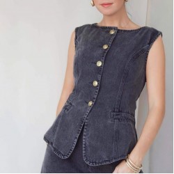  fashionable washed sleeveless vest and trousers set high waisted slimming wide leg denim trousers for women.
