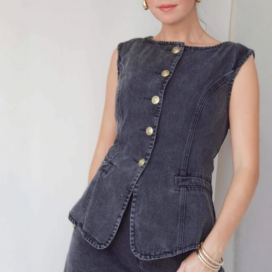  fashionable washed sleeveless vest and trousers set high waisted slimming wide leg denim trousers for women.