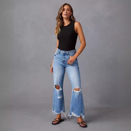Cross border new wide leg pants tasseled washed tie dyed ripped high waisted jeans straight leg casual trousers for women.