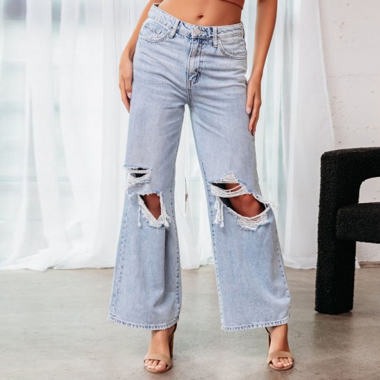 European and American Knee Ripped Jeans for Women High Waisted Long Wide Leg Light Washed Casual Pants