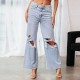 European and American Knee Ripped Jeans for Women High Waisted Long Wide Leg Light Washed Casual Pants
