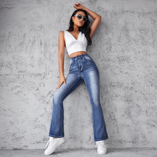 AmazonNew European and American Embroidered High Waisted Washed Fashion Flared Pants for Women