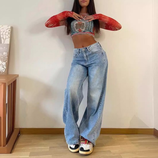 New European and American cross border retro American style long wide leg pants hot girl loose jeans high waist straight leg pants