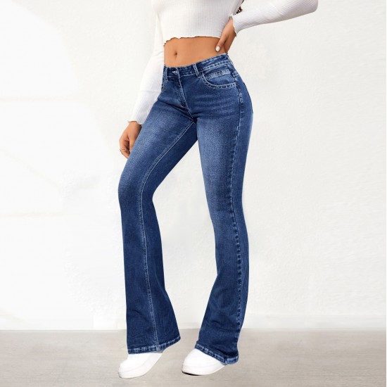 Factory DirectEuropean and American Cross Border Elegant Commuter Jeans for Women Washed Slimming Flared Pants