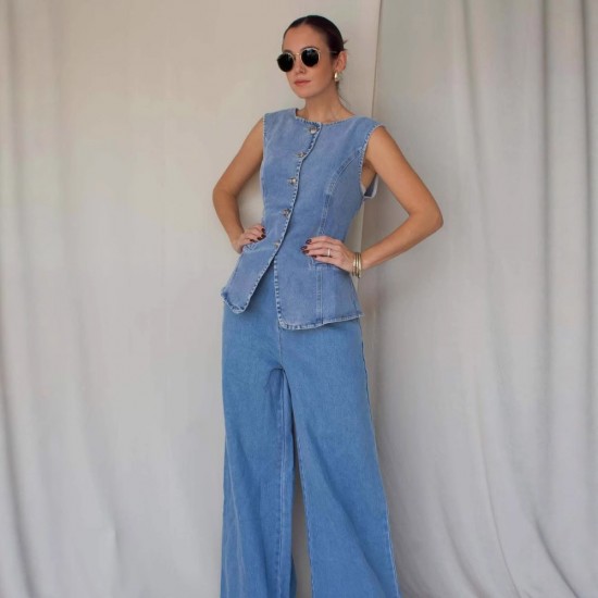  fashionable washed sleeveless vest and trousers set high waisted slimming wide leg denim trousers for women.
