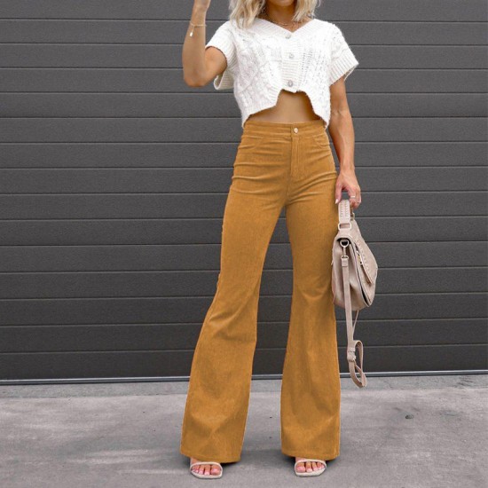 Factory Direct Cross Border European and AmericanSpring and Autumn Women's Solid Color Mid Rise Slim Flared Corduroy Casual Pants