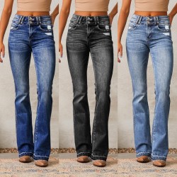 Amazon European and American cross border vintage ripped jeans for women spring new washed streetwear flared trousers.