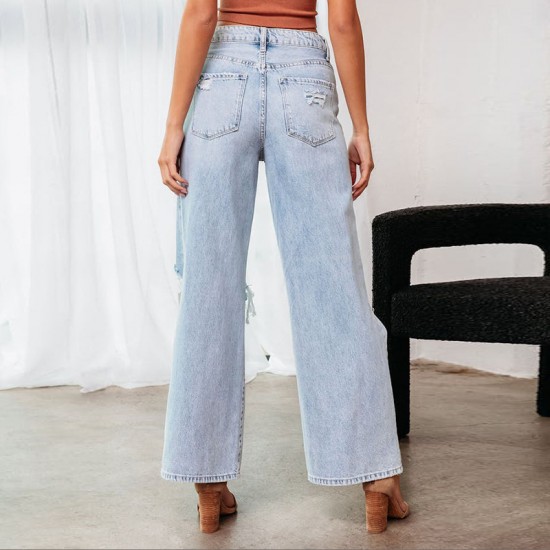 European and American Knee Ripped Jeans for Women High Waisted Long Wide Leg Light Washed Casual Pants