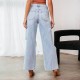 European and American Knee Ripped Jeans for Women High Waisted Long Wide Leg Light Washed Casual Pants