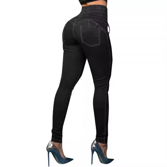 Factory direct cross bordernew strappy slim fit skinny jeans for women high waisted slimming hip lifting trousers in stock