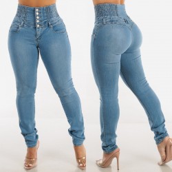 European and American cross border stretch high waisted button down jeans for women spring slimming hip lifting skinny jeans