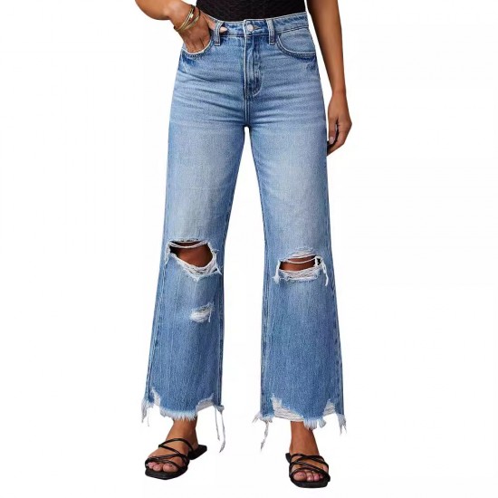 Cross border new wide leg pants tasseled washed tie dyed ripped high waisted jeans straight leg casual trousers for women.