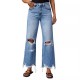 Cross border new wide leg pants tasseled washed tie dyed ripped high waisted jeans straight leg casual trousers for women.