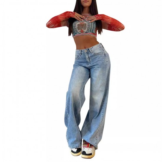 New European and American cross border retro American style long wide leg pants hot girl loose jeans high waist straight leg pants