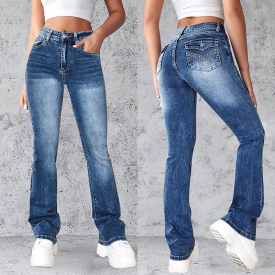Factory direct sales cross border European and American retro hot girl jeans tight fitting high elastic flared pants for women in stock
