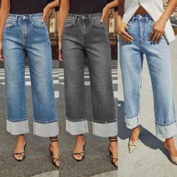 Amazon cross borderspring and summer new stretch straight jeans for women quality retro high waisted trousers with cuffs
