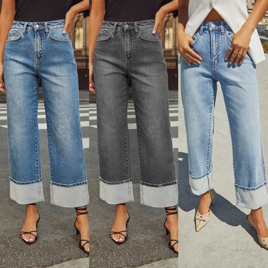 Amazon cross borderspring and summer new stretch straight jeans for women quality retro high waisted trousers with cuffs