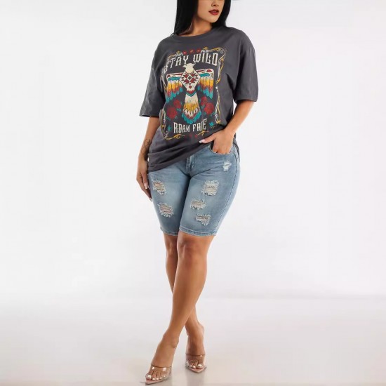 New European and American cross border high waisted ripped denim shorts for women stretchy slim fitting hip lifting cropped pants in stock