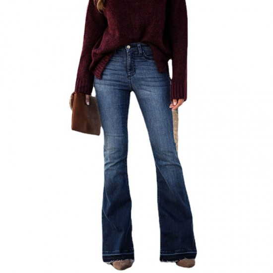 Factory direct sales European and American cross border foreign trade women's jeans fashionable slim fit stretch raw edge high waisted flared pants