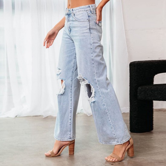 European and American Knee Ripped Jeans for Women High Waisted Long Wide Leg Light Washed Casual Pants