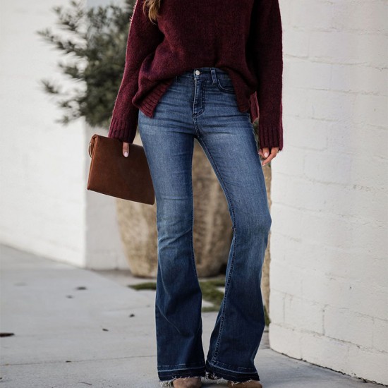 Factory direct sales European and American cross border foreign trade women's jeans fashionable slim fit stretch raw edge high waisted flared pants