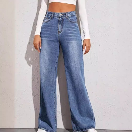  European and American Foreign Trade Hot Style Washed Cat Whisker Monkey Craft Loose High Waisted Wide Leg Jeans for Women
